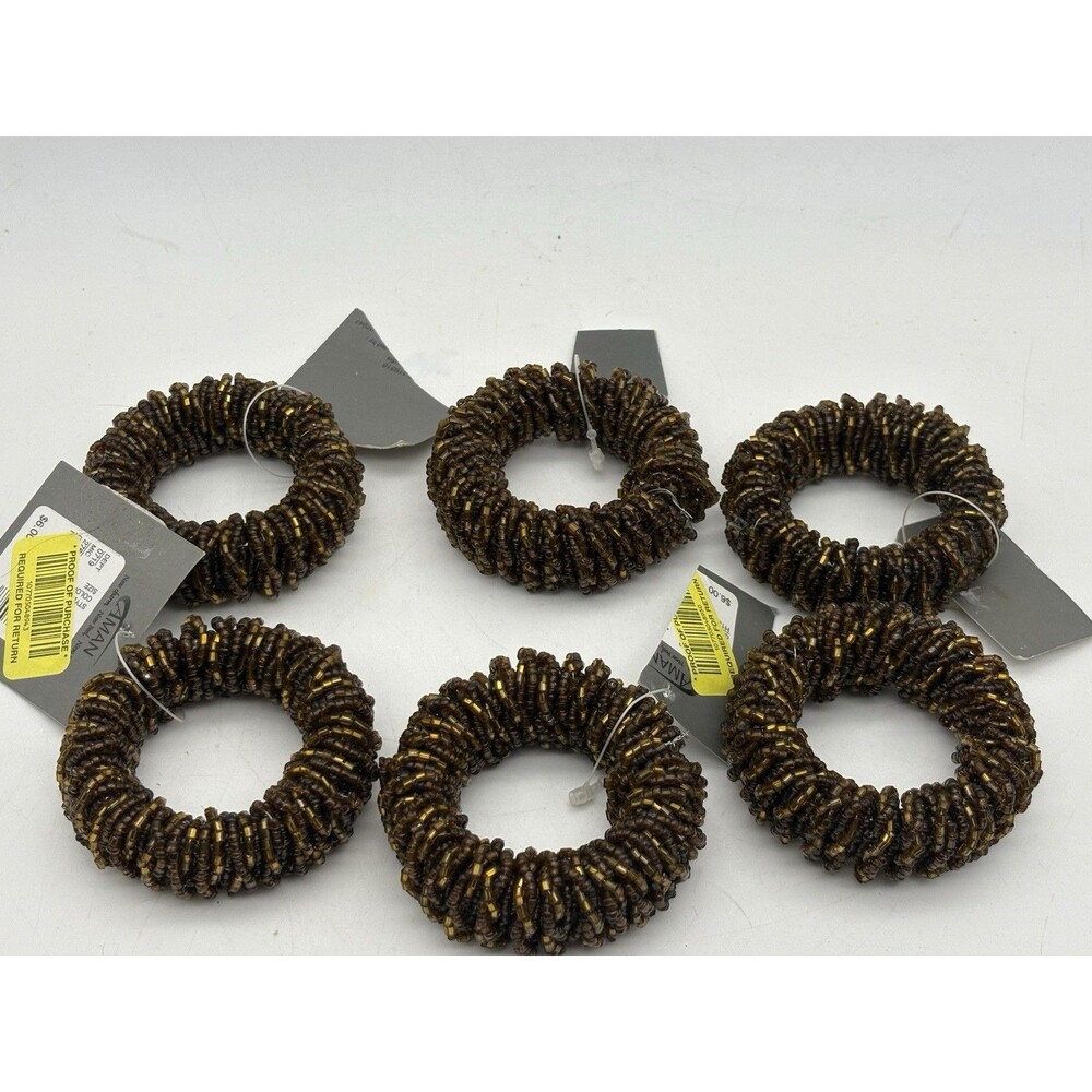 Set of 6 Brown Gold Beaded Napkin Rings New”